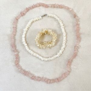 Puka Shell Trio 3️⃣ Stretch Cream Bracelet, White Necklace, Pink Quartz Necklace